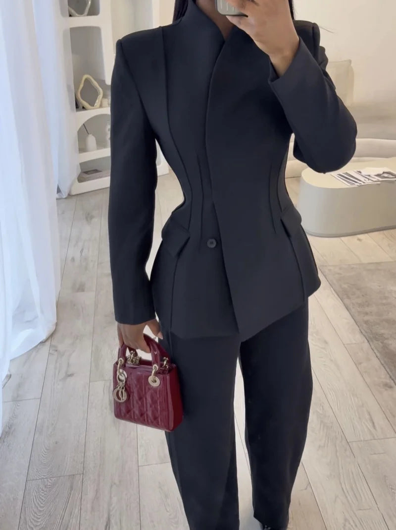 Women Slim Fit Suit Set High Collar Blazer and Casual Trousers Two Piece Outfit