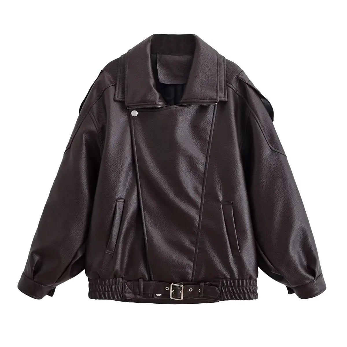 Women Faux Leather Zip Up Jacket Casual Long Sleeve PU Coat Streetwear