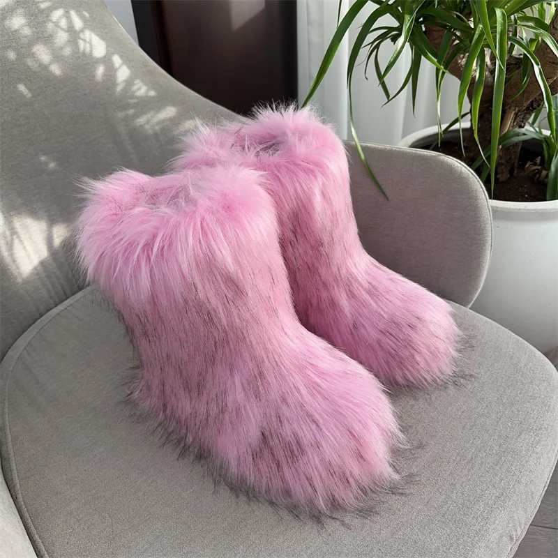 Women Fur Snow Boots Warm Mid Calf Winter Shoes