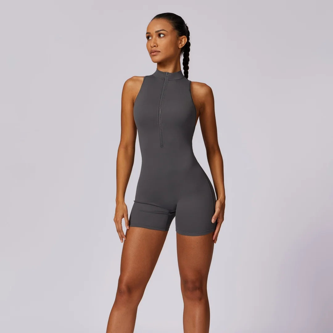 Women Backless Scrunch Yoga Jumpsuit Zipper Fitness Sportswear One Piece Suit