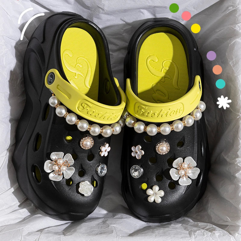 Women Pearl Chain Platform Sandals Thick Sole EVA Beach Garden Non Slip Clogs