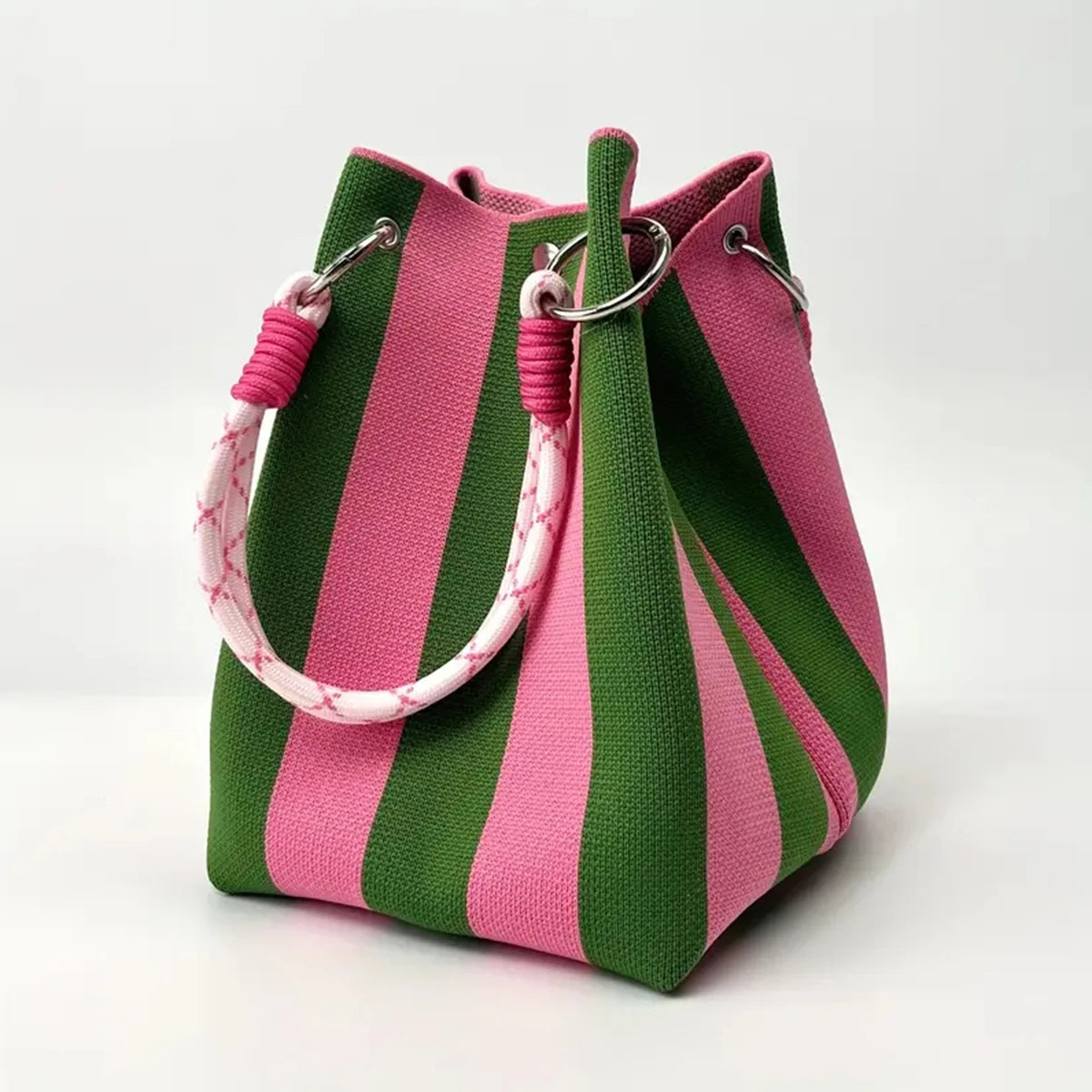 Multicolor Knit Bucket Bag Retro Color Block Handbag
