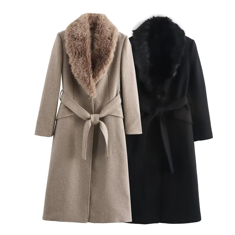 Women Belted Coat Faux Fur Collar Long Sleeve Warm Autumn Winter Jacket with Pockets