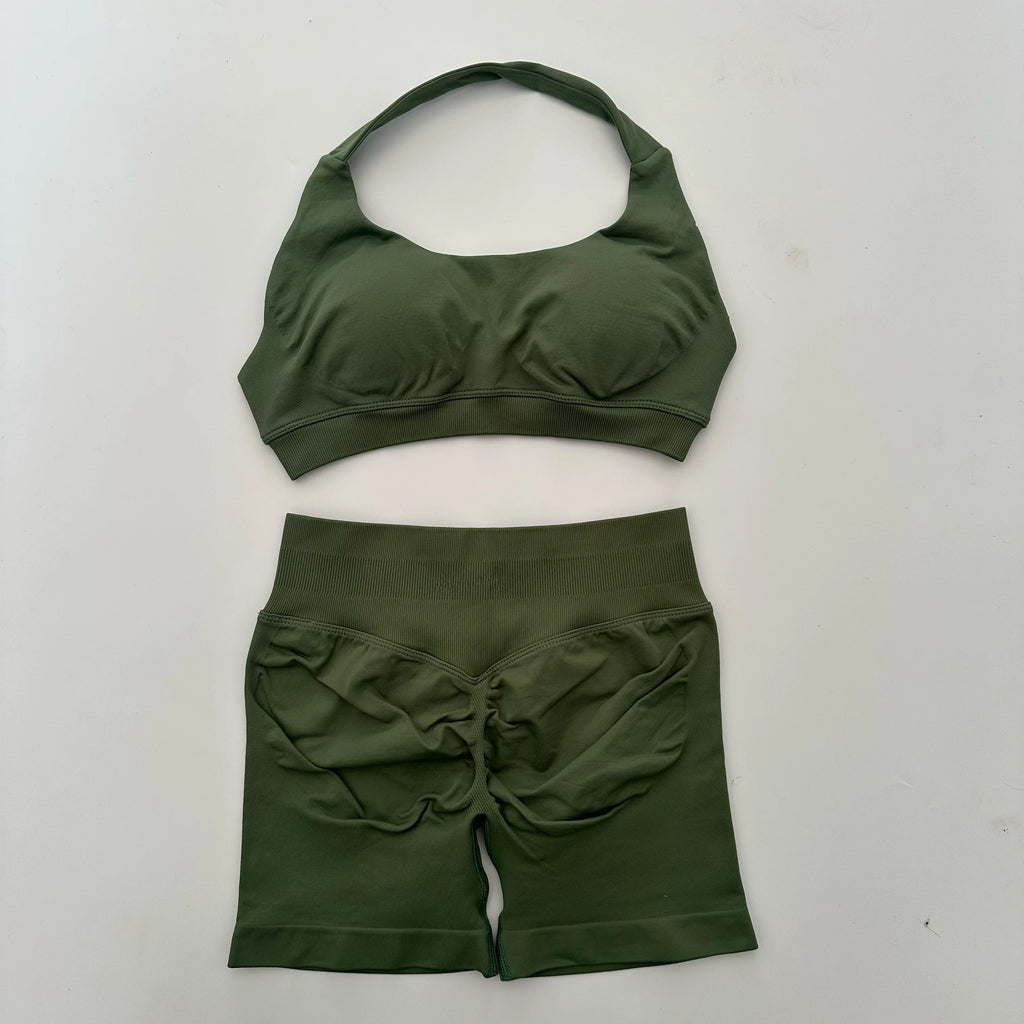 Seamless Yoga Set Halter Sports Bra Scrunch Shorts Gym Workout Fitness Set