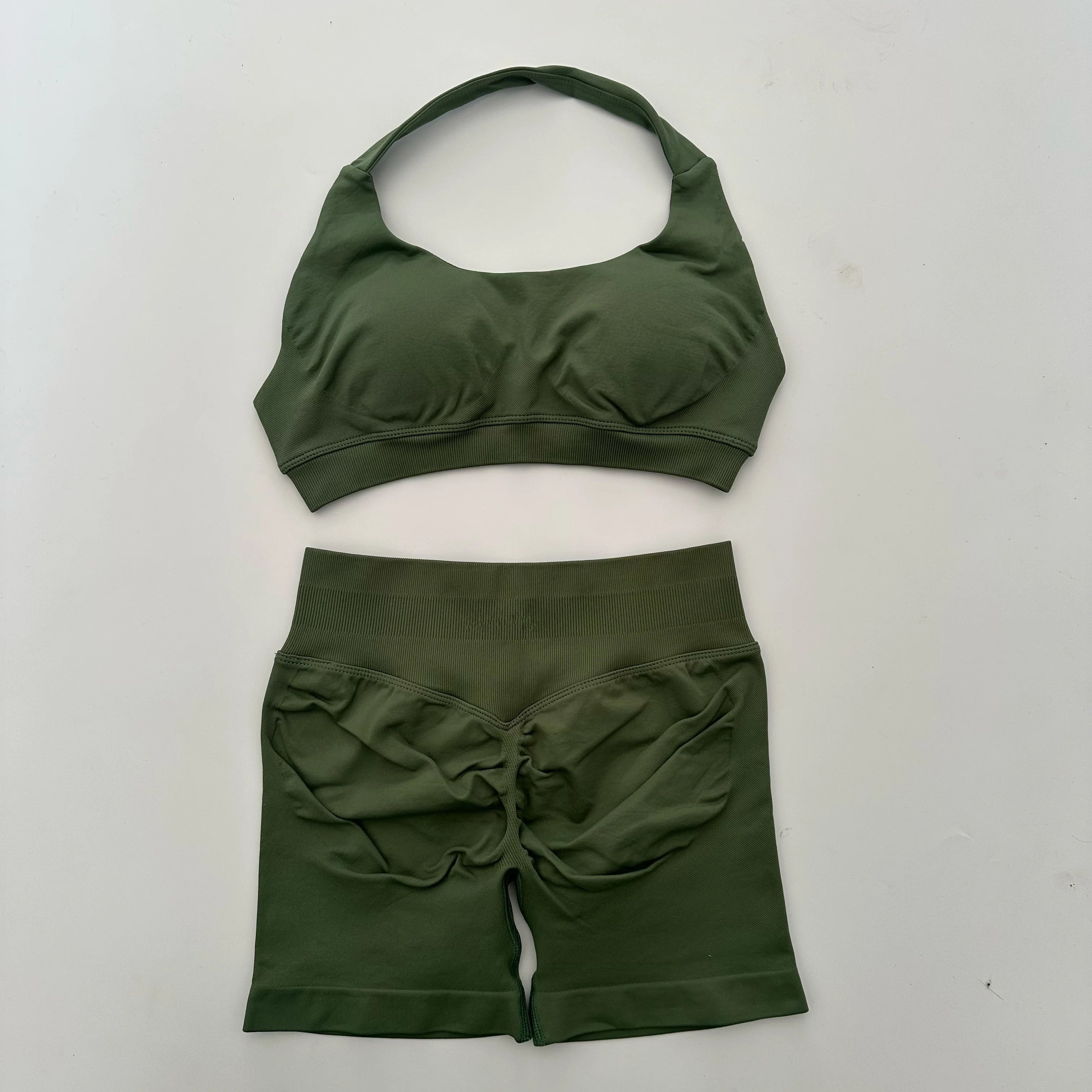 Seamless Yoga Set Halter Sports Bra Scrunch Shorts Gym Workout Fitness Set