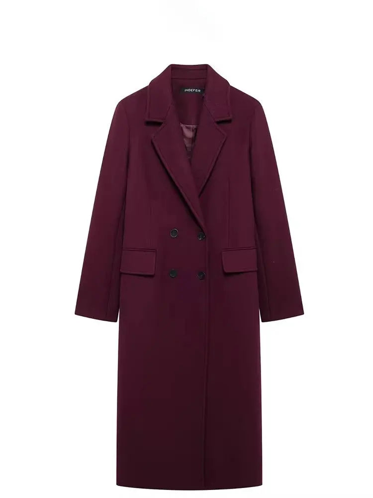 Women Burgundy Double Breasted Coat Elegant Winter Jacket