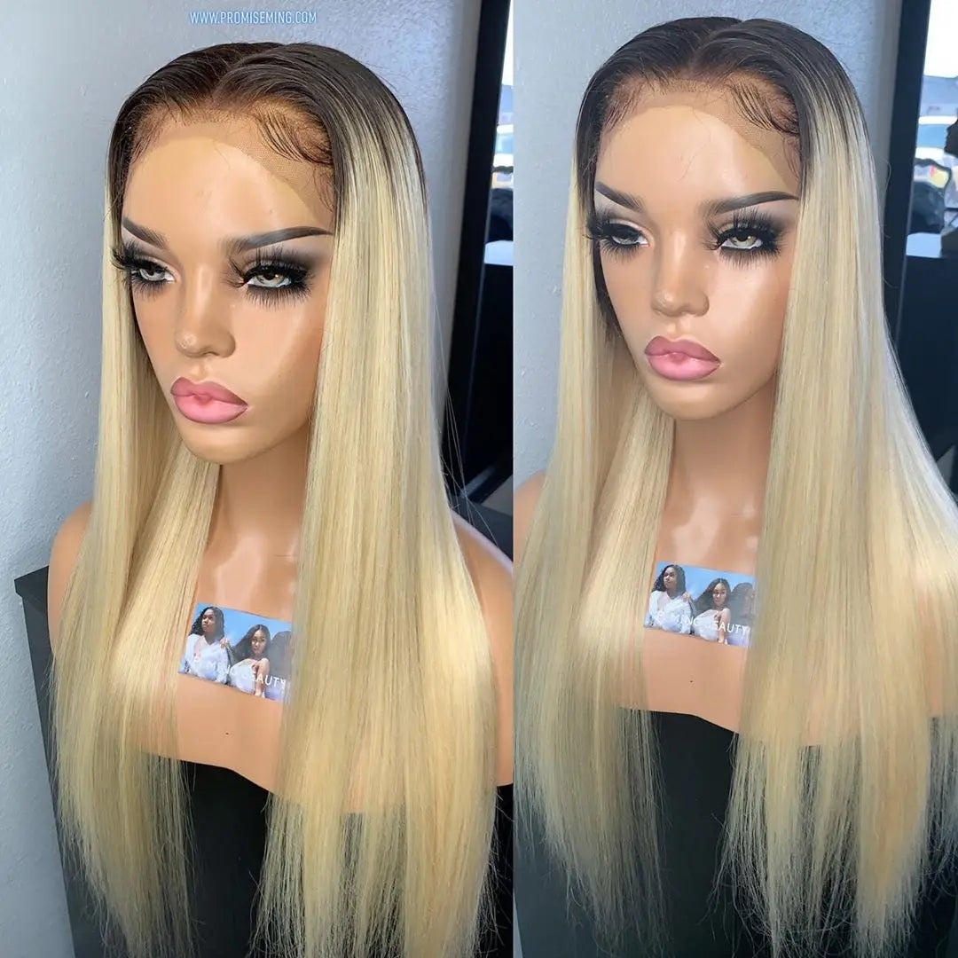 Ombre Blonde Straight Human Hair Wig – 1B/613 HD Lace Front Wig for Women