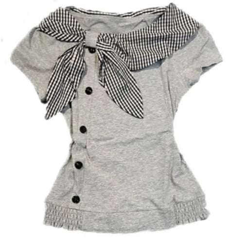 Women Y2K Cotton Irregular T Shirt Plaid Sailor Collar Kawaii Summer Top