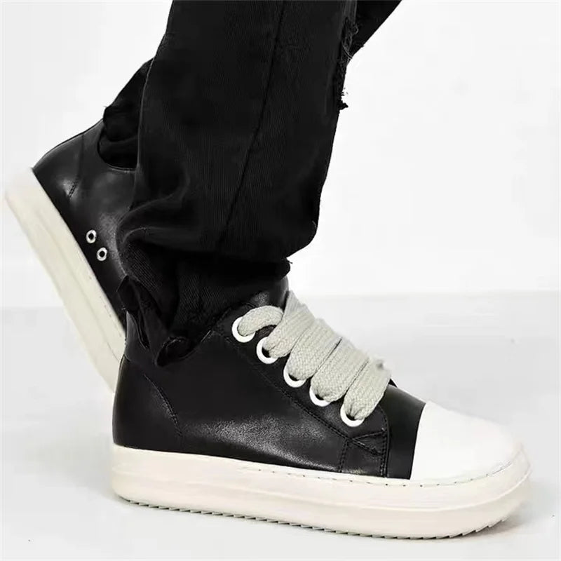 Unisex Black Leather Platform Sneakers Lace Up Zipper Casual Thick Sole Shoes 2025