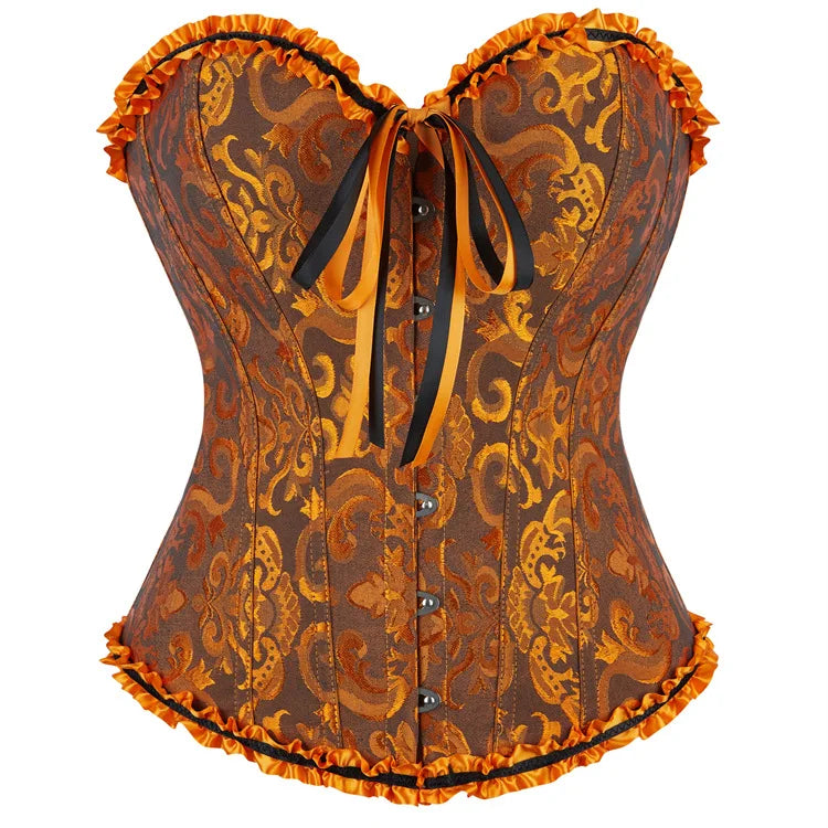 Women Floral Jacquard Corset Lace Up Bustier Top
