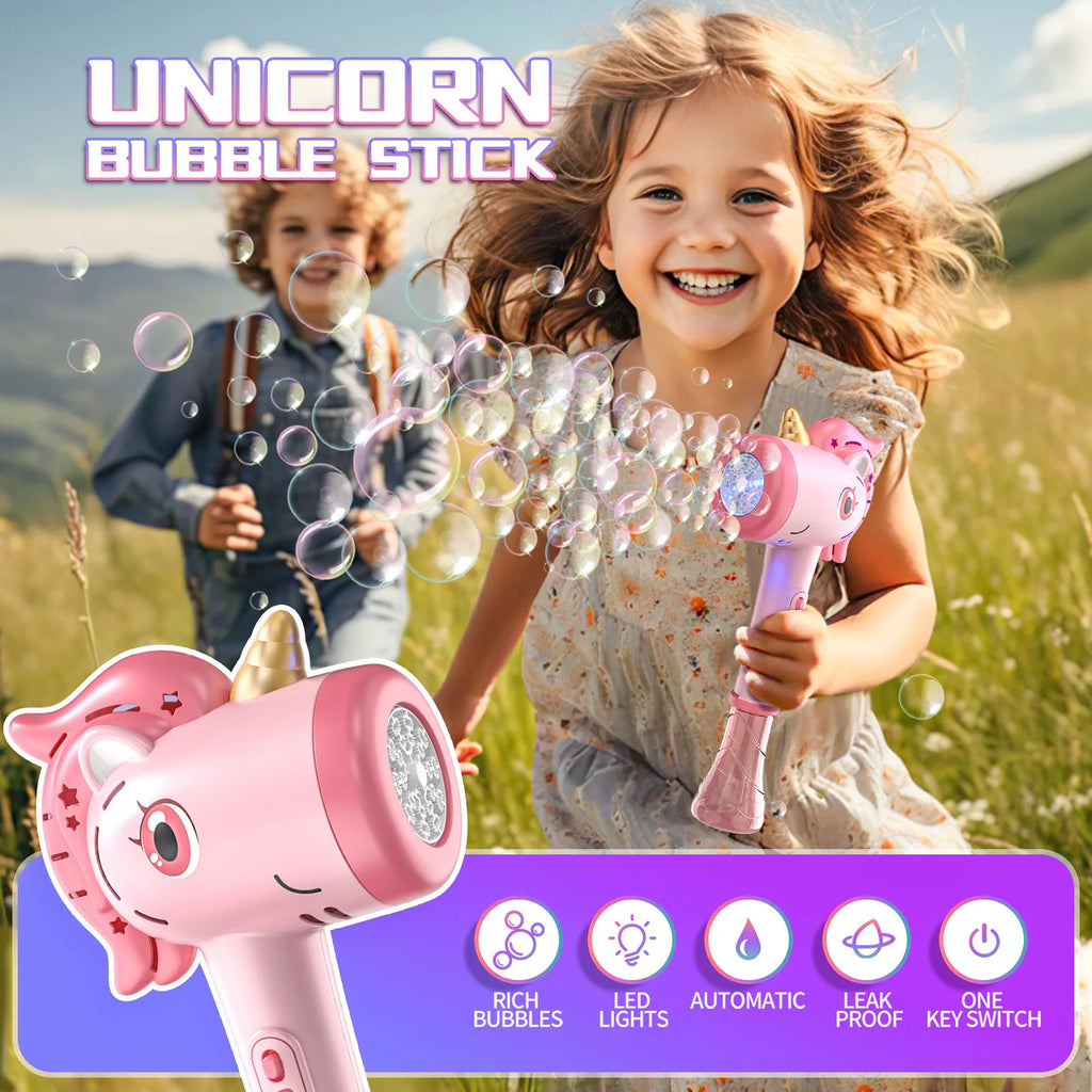 Unicorn Bubble Gun Electric Bubble Machine with Lights Automatic Soap Blower Toy for Kids Party Outdoor Fun