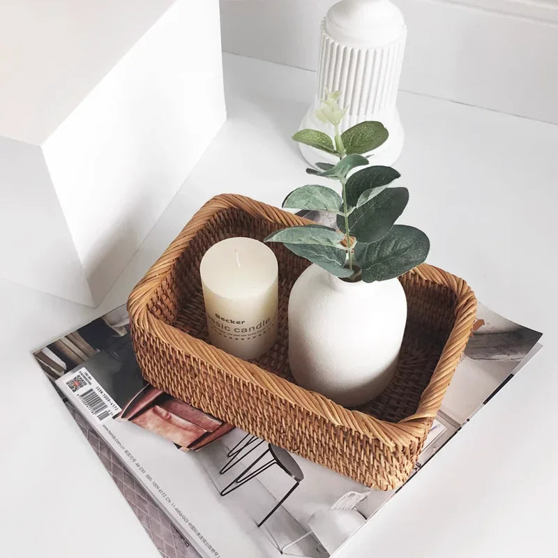 Hand Woven Rattan Basket Rectangular Storage Fruit Bread Snack Cosmetic Organizer