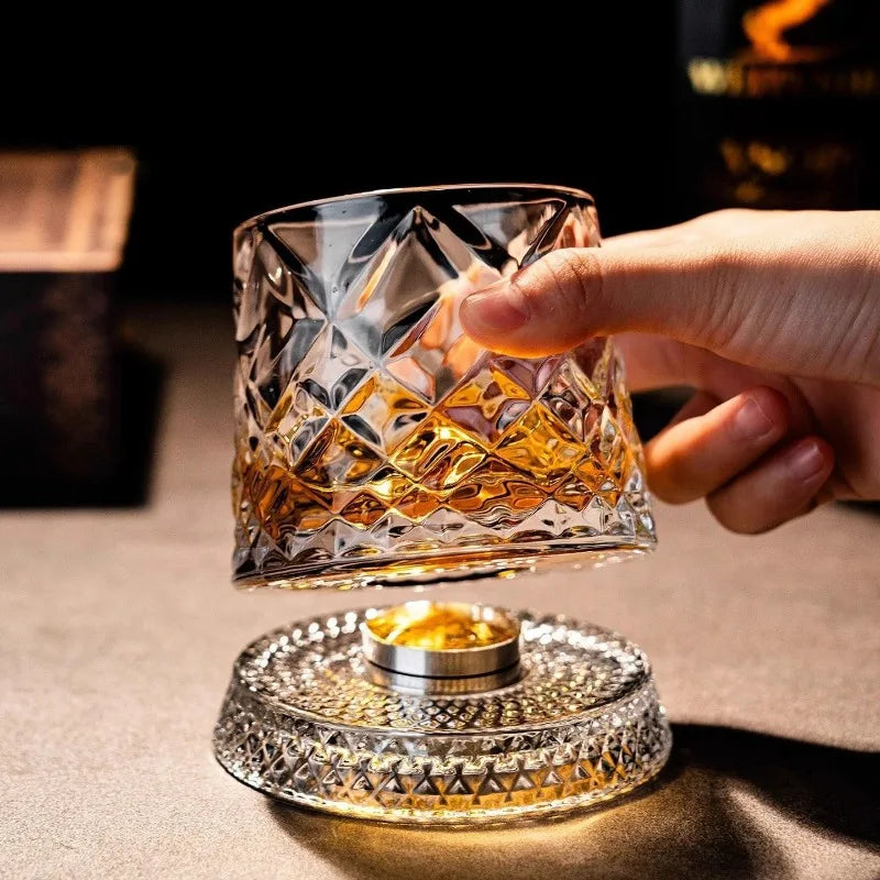Rotating Whiskey Glass 360 Degree Crystal Tumbler with Glass Base for Cocktail