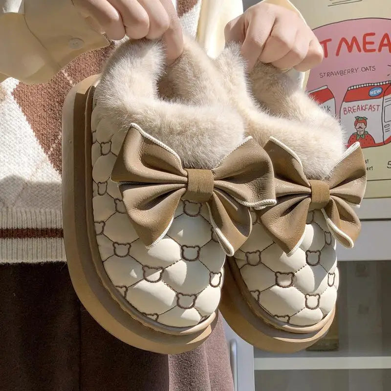 Women Winter Platform Ankle Boots Fluffy Indoor Slippers Bow Warm House Shoes