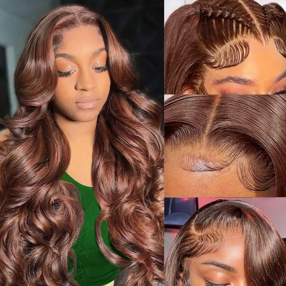 Women Chocolate Brown Body Wave Human Hair Lace Front Wig 13x4 HD Wet And Wavy