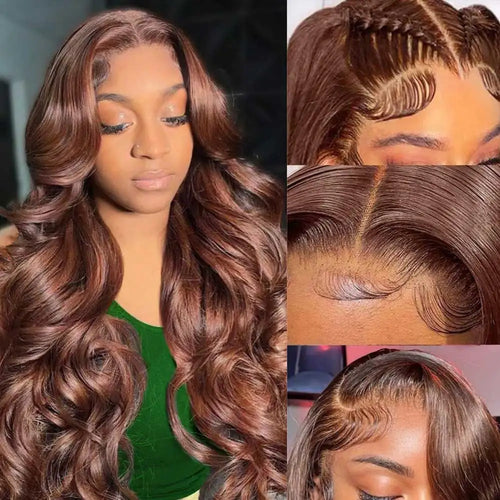 Women Chocolate Brown Body Wave Human Hair Lace Front Wig 13x4 HD Wet And Wavy