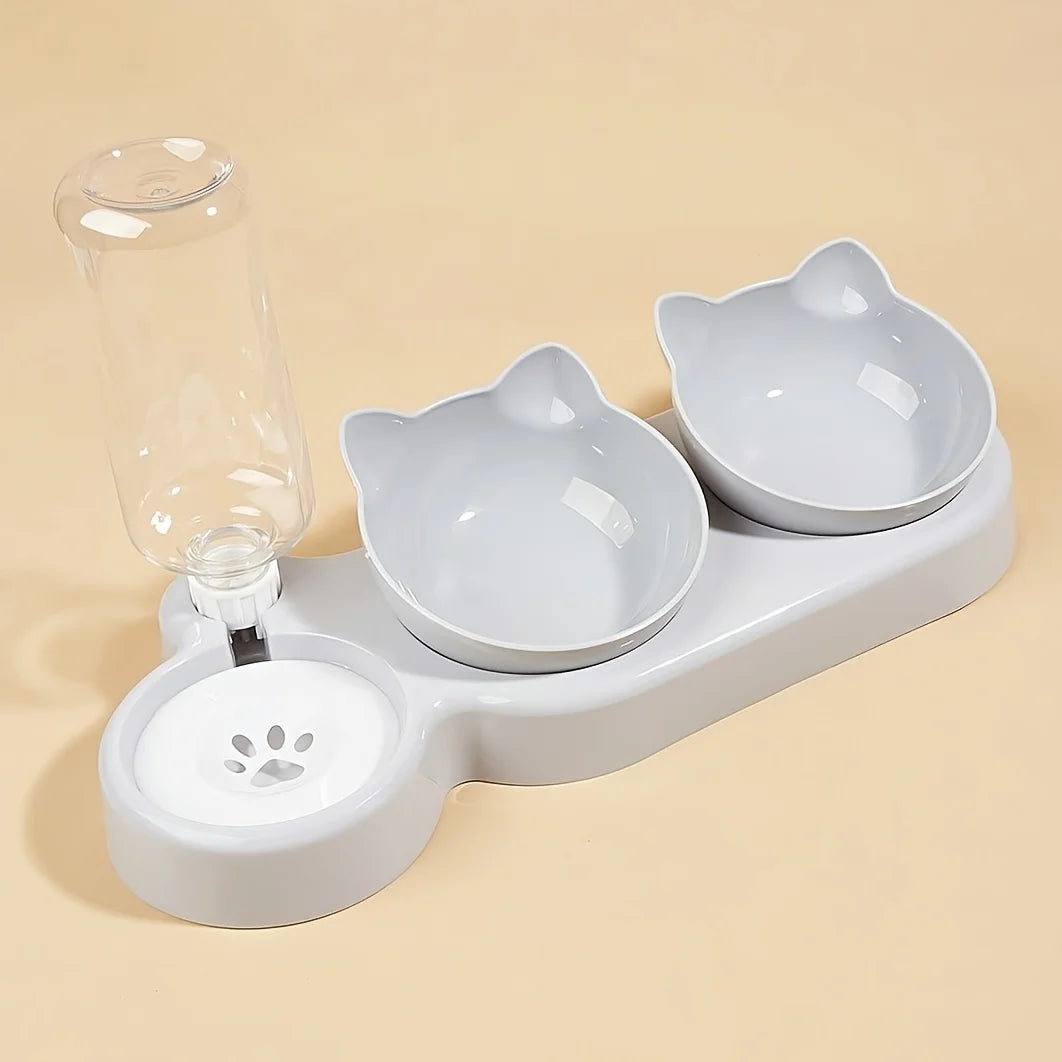 3 in 1 Tilted Cat Bowl Set with Gravity Water Feeder Neck Protection Design