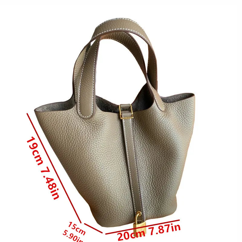 Women Bucket Handbag Soft PU Litchi Pattern Tote Bag with Lock and Scarf