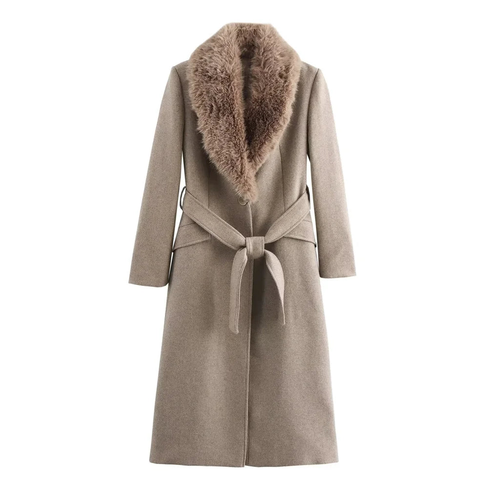Women Belted Coat Faux Fur Collar Long Sleeve Warm Autumn Winter Jacket with Pockets