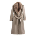 Women Belted Coat Faux Fur Collar Long Sleeve Warm Autumn Winter Jacket with Pockets