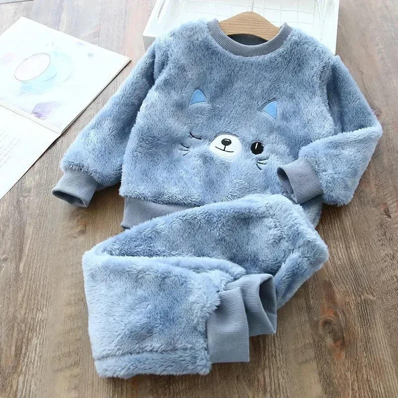 Kids Bear Pajama Set Soft Winter Sleepwear 2PCS Outfit