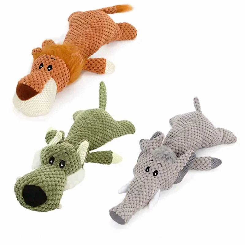 Bite Resistant Squeaky Plush Dog Toy Cartoon Lion Wolf Elephant Pet Toy