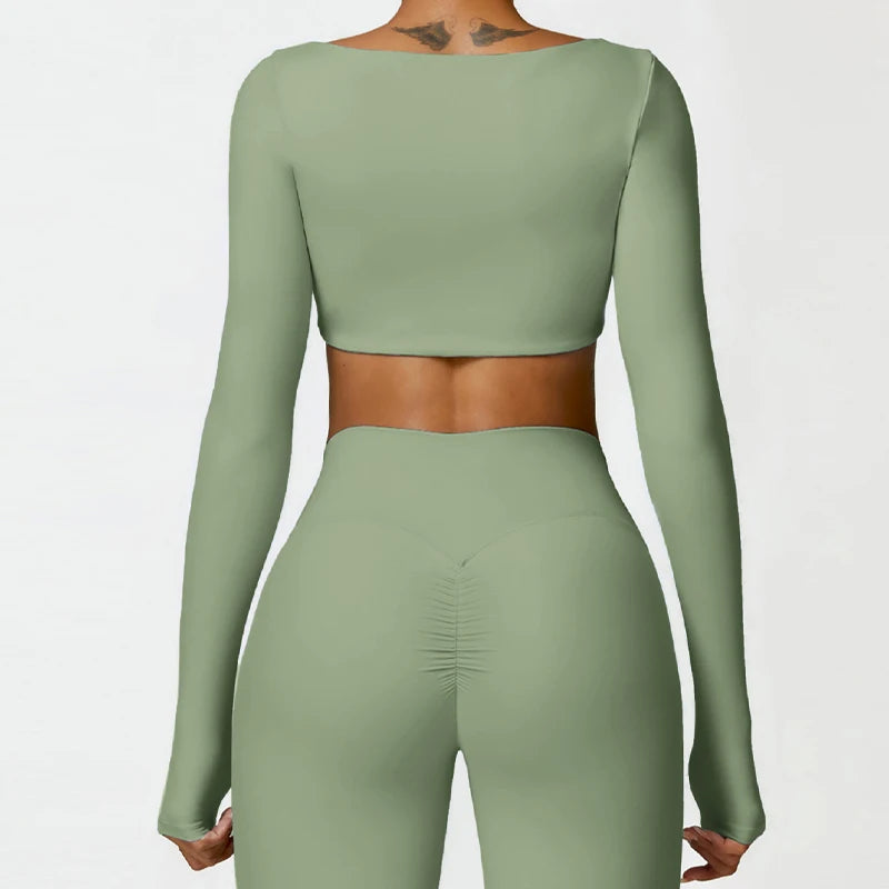 Women Square Neck Long Sleeve Crop Top Quick Dry Yoga Fitness Shirt