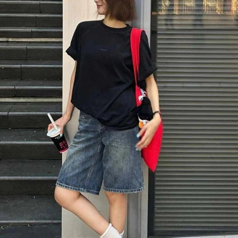 Women Denim Shorts High Waist Wide Leg Knee Length Casual Jeans Summer Fashion
