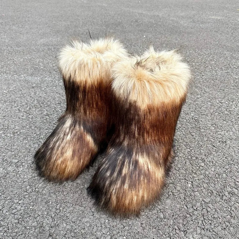 Women Fur Snow Boots Warm Mid Calf Winter Shoes