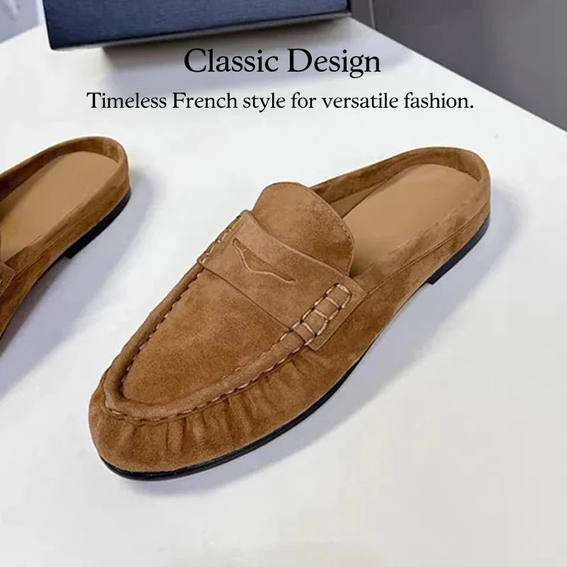 Women Leather Mules French Style Slip On Flat Slides Casual Plus Size 34-43 2026