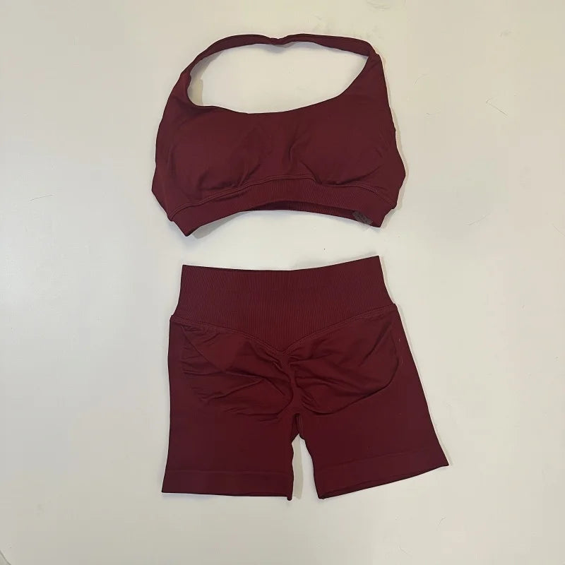 Seamless Yoga Set Halter Sports Bra Scrunch Shorts Gym Workout Fitness Set