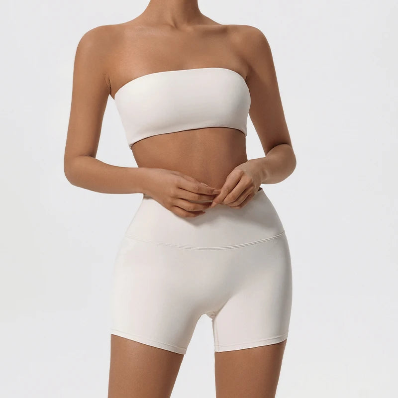 Strapless Gym Set Women Seamless Bandeau Sports Bra High Waist Shorts Workout Outfit