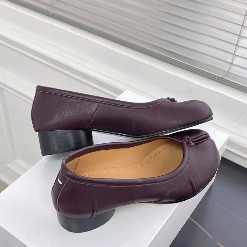 Women Tabi Split Toe Pumps Microfiber Leather Low Heel Pleated Loafers Casual Shoes Summer