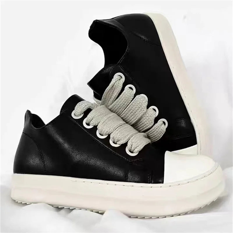 Unisex Black Leather Platform Sneakers Lace Up Zipper Casual Thick Sole Shoes 2025