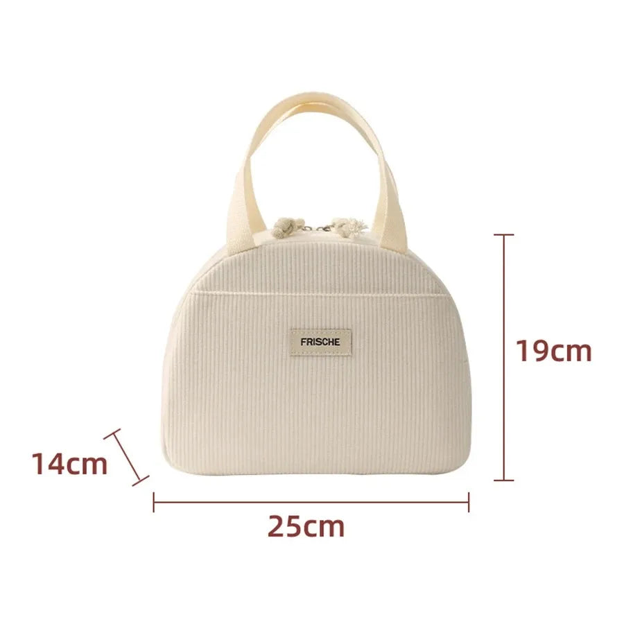 Corduroy Thermal Insulated Lunch Bag Cute Print Large Capacity Handbag