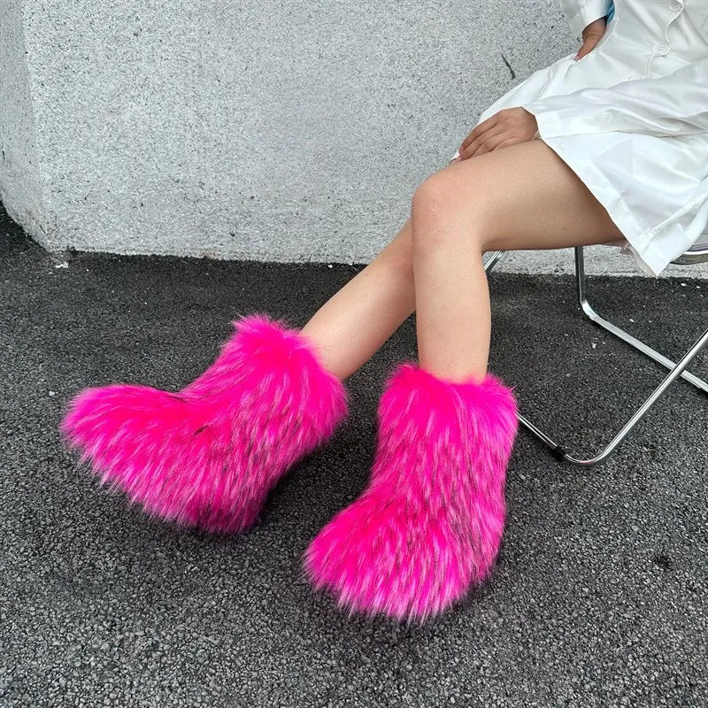 Women Fur Snow Boots Warm Mid Calf Winter Shoes