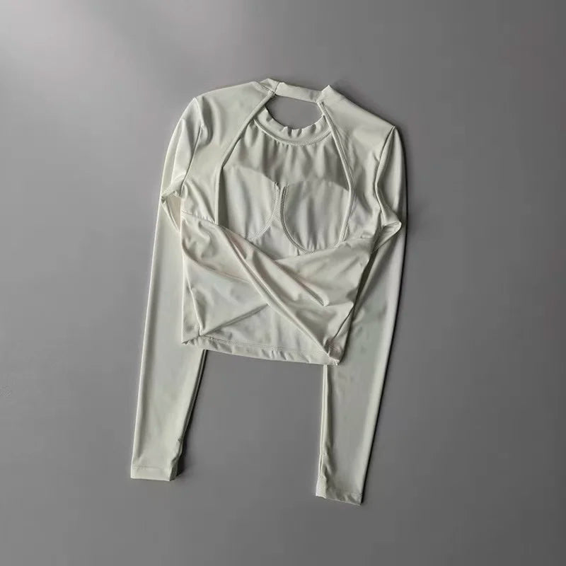 Women Yoga Long Sleeve Crop Top Backless Slim Fit Waist Cinch Fitness Shirt