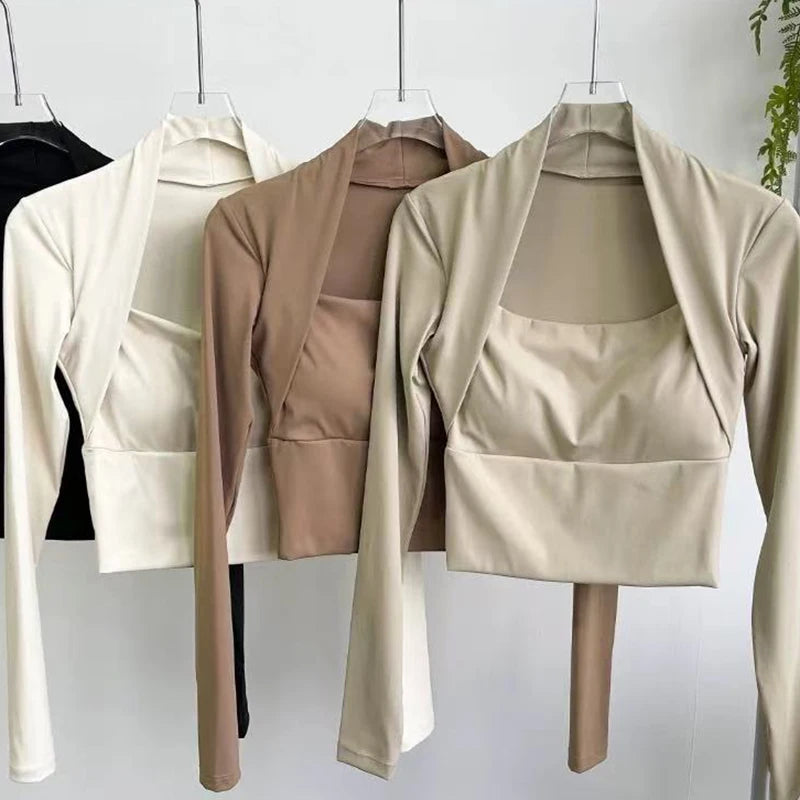 Women Long Sleeve Yoga Top with Chest Support Quick Dry Sportswear Shawl Style