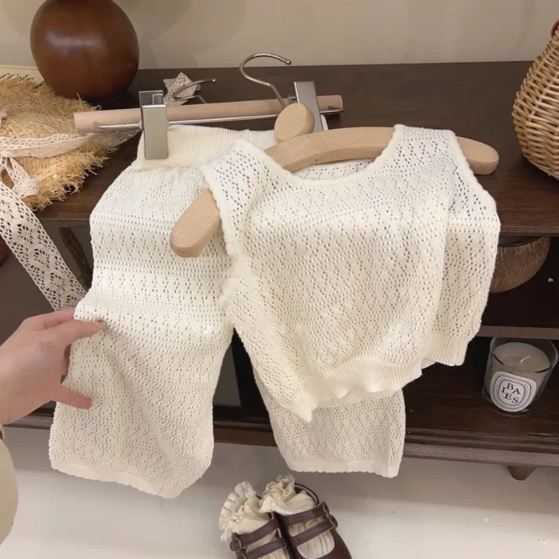 Girls Summer Knit Lace Vest and Wide Leg Pants Set