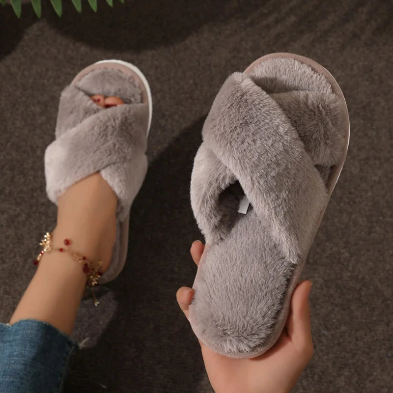 Women Faux Fur Cross Strap Slippers Warm Indoor Slides