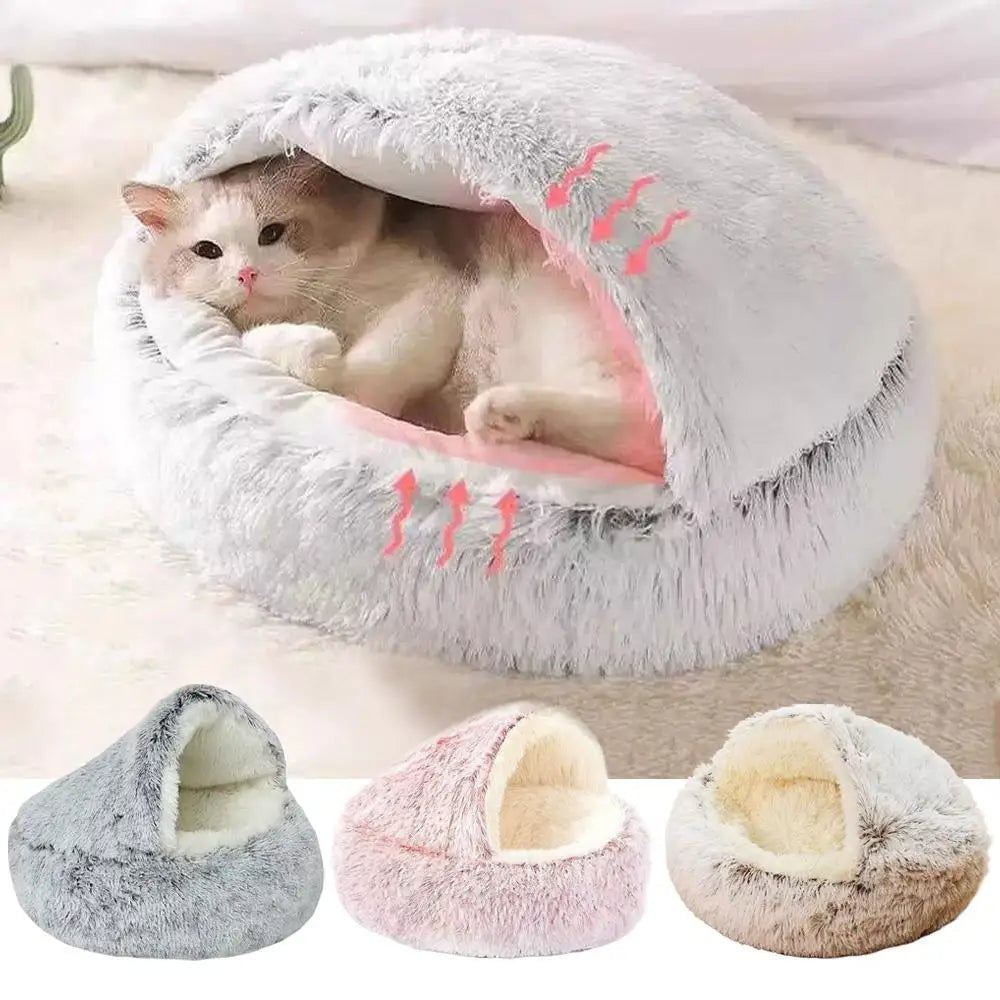 Winter Plush Round Cat Bed Warm 2 in 1 Sleeping Nest