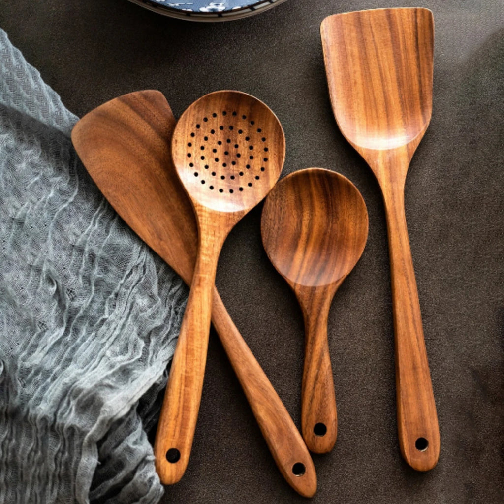 Wooden Kitchen Utensil Set Spatula Spoon Fork with Storage Bucket