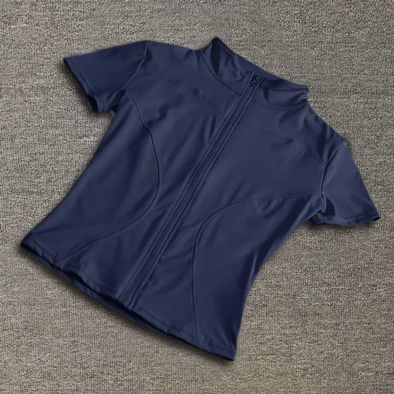 Women’s Slim Fit Full Zip Yoga Shirt Quick Dry Short Sleeve Training Top