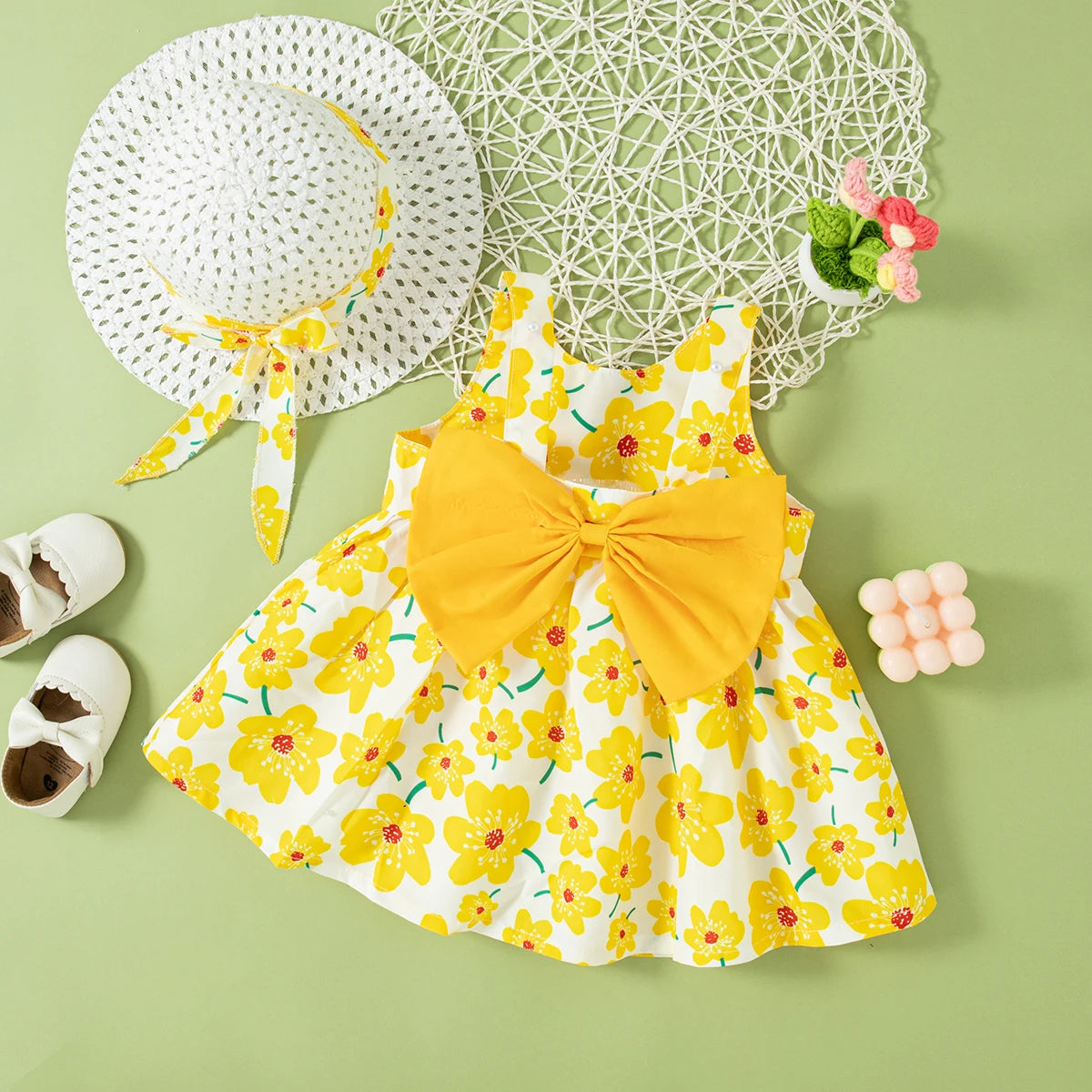 Baby Girl Floral Summer Dress Sleeveless Bow Outfit with Hat 0–2 Years