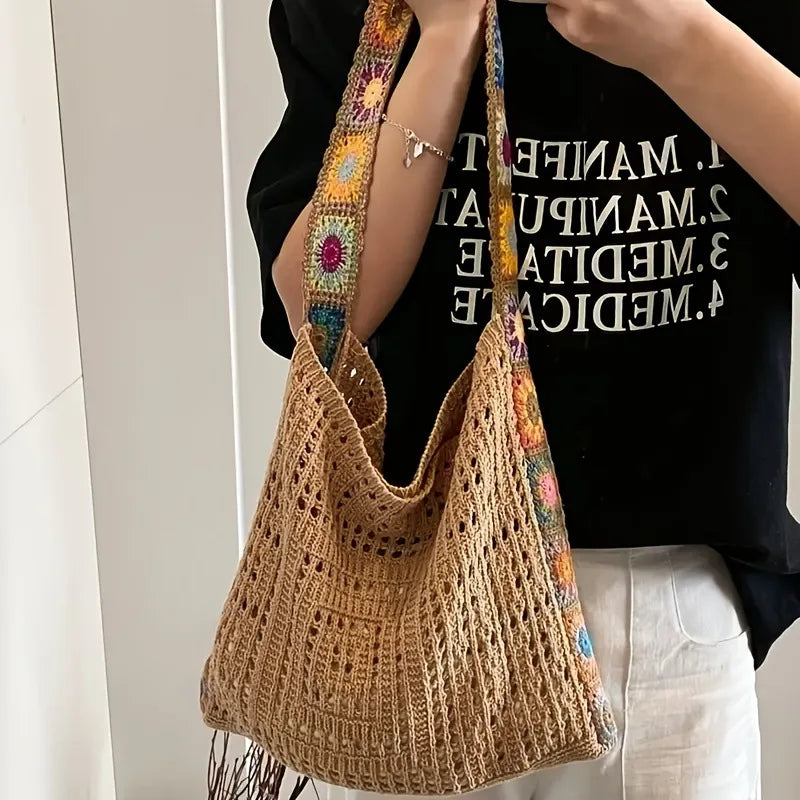 Women Boho Crochet Bag Knitted Floral Shoulder Tote Large Capacity Beach Woven Handbag