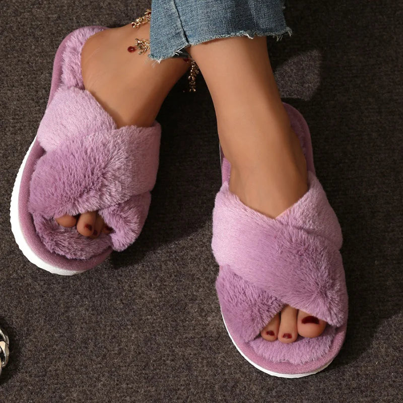 Women Faux Fur Cross Strap Slippers Warm Indoor Slides