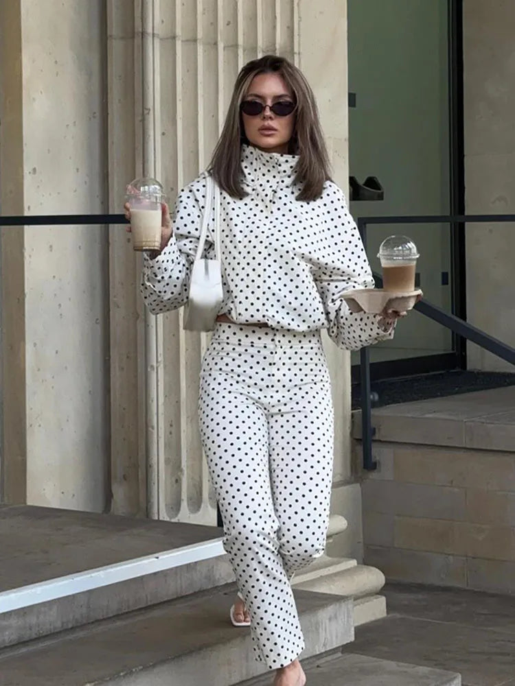 Women Polka Dot Jacket Turtleneck Long Sleeve Casual Coat with Zipper and Pockets