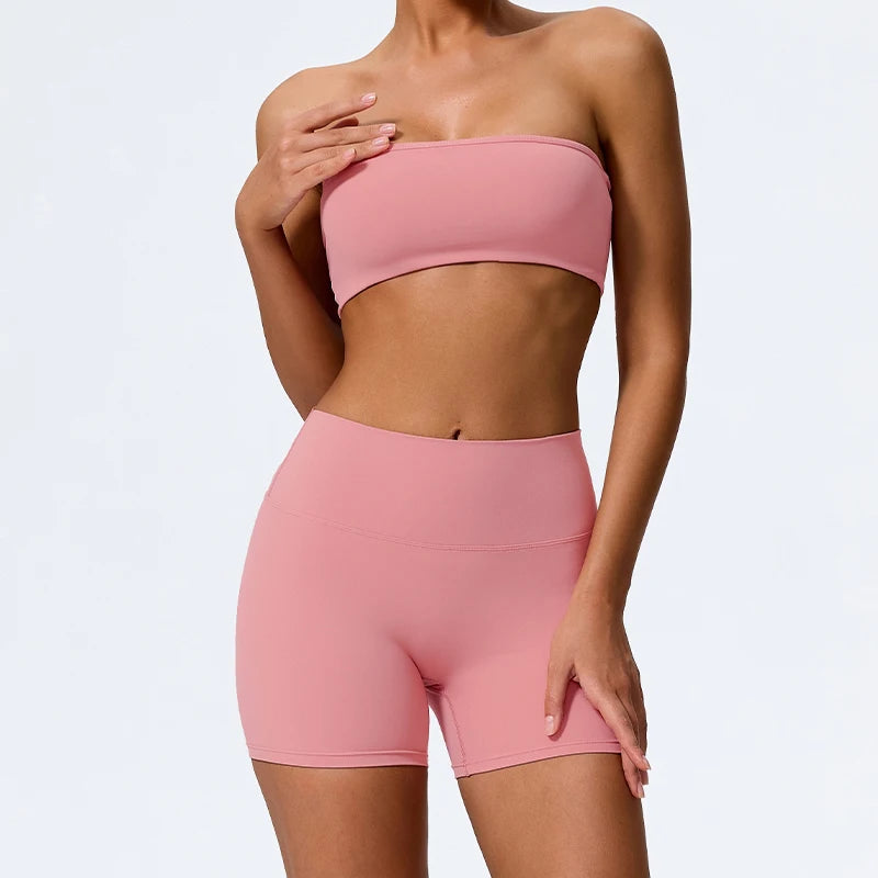 Strapless Gym Set Women Seamless Bandeau Sports Bra High Waist Shorts Workout Outfit