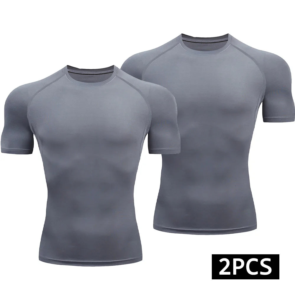Men 2 Piece Compression T Shirt Set Quick Dry Running Gym Fitness Sport Tops