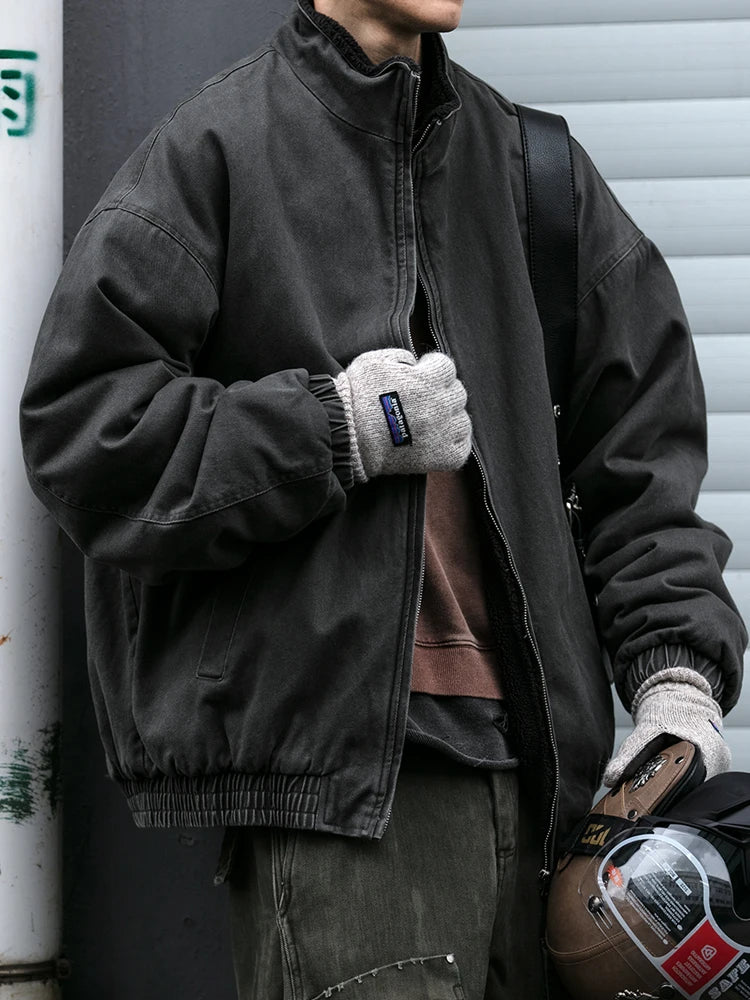 Men Vintage Polar Fleece Jacket Thick Winter Warm Loose Fit Streetwear Coat